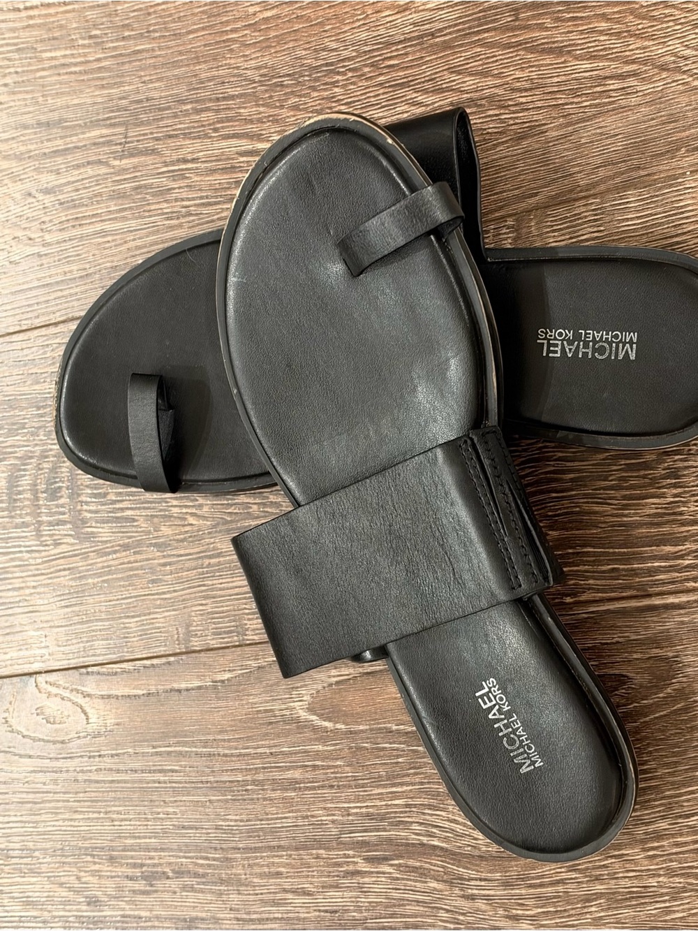 Michael Kors Women’s Black Leather Slide Sandals with Toe Loop